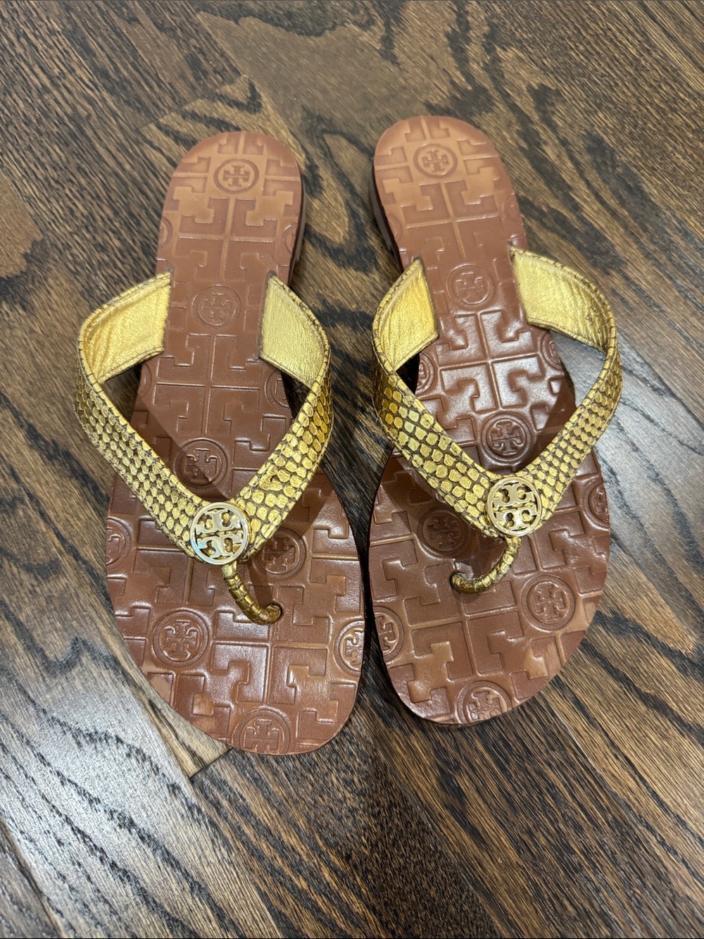 Tory Burch Gold Metallic Snake-Embossed Thong Sandals
